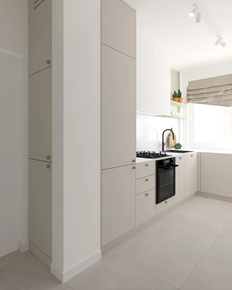 Kuchnia w stylu dopamine decor, eklektycznym i skandynawskim z nowoczesnymi meblami.