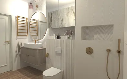 Współczesna łazienka z białymi płytkami, umywalką i złotymi detalami.