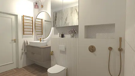 Współczesna łazienka z białymi płytkami, umywalką i złotymi detalami.