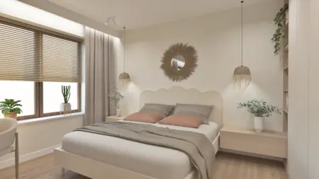 Sypialnia z boho, japandi, minimalistycznym i nowoczesnym stylem, z roślinami.