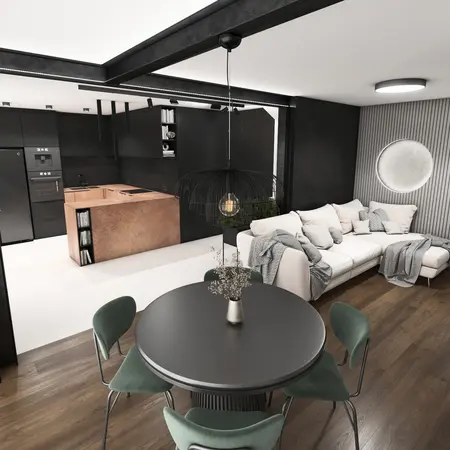 Wnętrze kuchni z industrialnym i minimalistycznym stylem, czarne meble, miedziany blat.