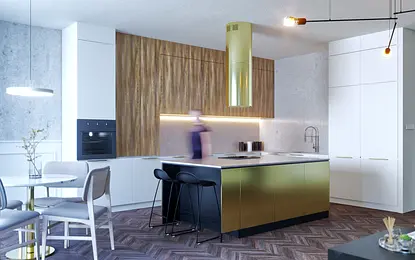 Kuchnia w stylu glamour i industrialnym z drewnianymi meblami i złotymi akcentami.