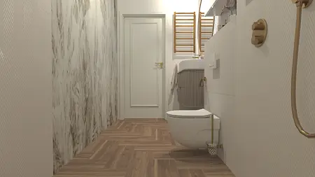 Wnętrze łazienki z drewnianą podłogą i białymi elementami, współczesny design