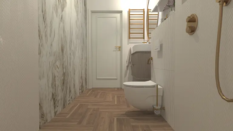 Wnętrze łazienki z drewnianą podłogą i białymi elementami, współczesny design