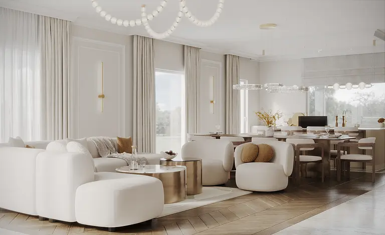 Wnętrze salonu z białymi meblami i elementami quiet luxury.