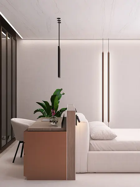 Wnętrze sypialni z brązowym łóżkiem, białą pościelą i zieloną rośliną, styl nowoczesny i quiet luxury.