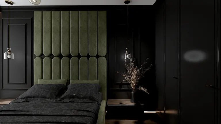 Wnętrze sypialni w stylu glamour z zielonym wezgłowiem, czarnymi meblami i naturalnymi dodatkami.