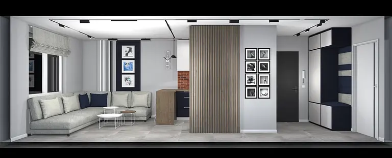 Wnętrze salonu z szarymi ścianami, brązowym drewnem i minimalistycznymi meblami. Styl: art deco, boho, industrialny.