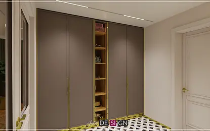 Garderoba z brązowymi szafkami i złotymi akcentami w stylu art deco.