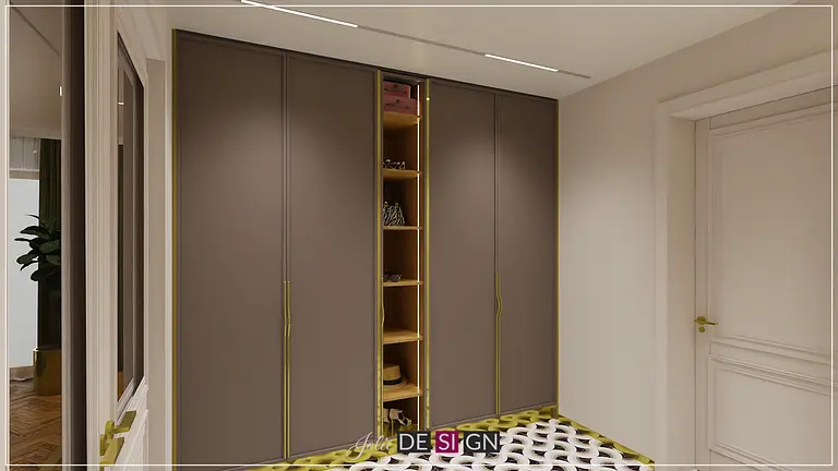 Garderoba z brązowymi szafkami i złotymi akcentami w stylu art deco.
