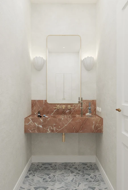 Wnętrze toalety z marmurową umywalką i jasnymi ścianami, styl art deco, minimaluxe, quiet luxury.