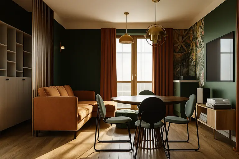 Wnętrze salonu w stylu art deco z brązową sofą i zielonymi detalami.