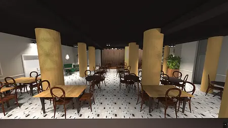 Wnętrze restauracji z eklektycznym stylem, drewniane stoły i roślinność.