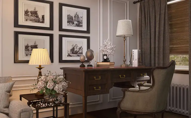 Wnętrze gabinetu w stylu vintage z drewnianym biurkiem i decoracyjnymi obrazami.