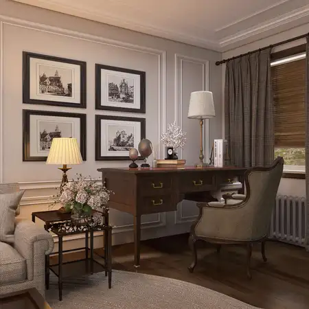 Wnętrze gabinetu w stylu vintage z drewnianym biurkiem i decoracyjnymi obrazami.