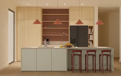 Kuchnia w stylu eklektycznym z minimalistycznymi meblami i współczesnymi akcentami.