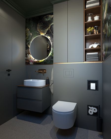 Stylowa toaleta z szarymi meblami i elegancką dekoracją roślinną, quiet luxury.