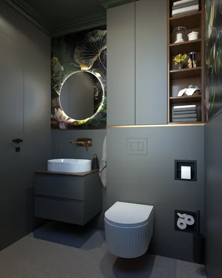 Stylowa toaleta z szarymi meblami i elegancką dekoracją roślinną, quiet luxury.