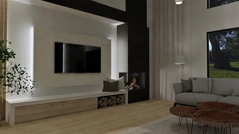 Wnętrze nowoczesnego salonu z telewizorem i kominkiem, drewniane akcenty.