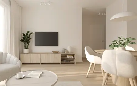 Wnętrze salonu w stylu soft minimalizm, jasne meble, roślina, stół i krzesła