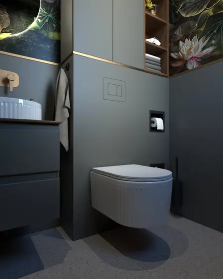 Toaleta w stylu quiet luxury z szarymi ścianami i białą ceramiką