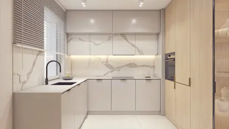Nowoczesna kuchnia w stylu minimaluxe z drewnianymi detalami