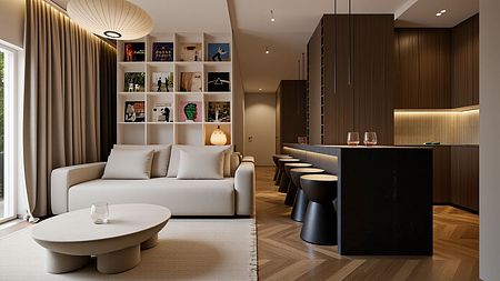 Wnętrze salonu z beżową sofą i brązowym blatem, nowoczesny design.
