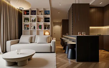 Wnętrze salonu z beżową sofą i brązowym blatem, nowoczesny design.