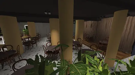 Wnętrze restauracji z okrągłymi stołami, zielonymi roślinami i eklektycznym wystrojem.