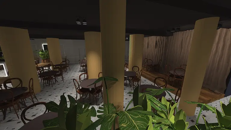 Wnętrze restauracji z okrągłymi stołami, zielonymi roślinami i eklektycznym wystrojem.