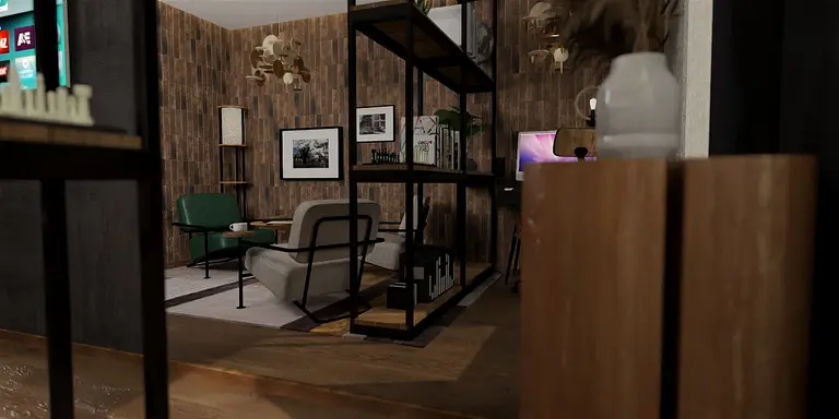 Wnętrze salonu w stylu industrialnym z minimalistycznymi meblami i nowoczesnymi dodatkami.