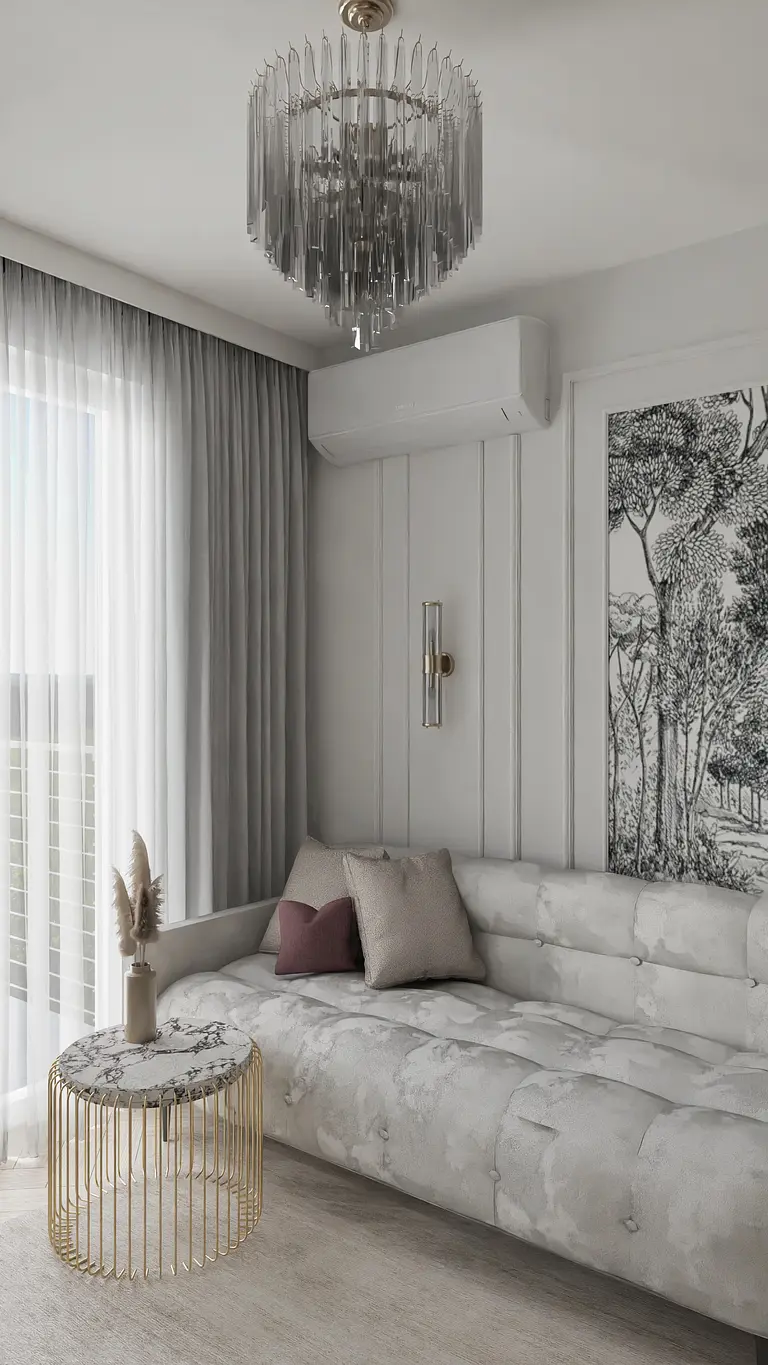 Nowoczesny salon z szarymi meblami i złotymi detalami, styl glamour