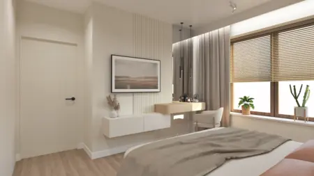 Sypialnia w stylach boho, japandi i minimalistycznym z jasnymi meblami.