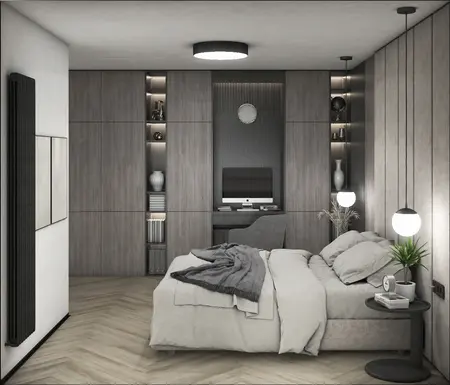 Minimalistyczna, nowoczesna sypialnia z szarymi meblami, biurkiem i roślinami.