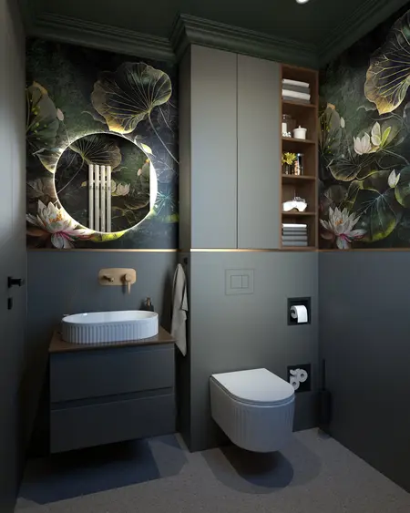 Stylowa toaleta z szarymi meblami i roślinnym muralem, projekt quiet luxury.