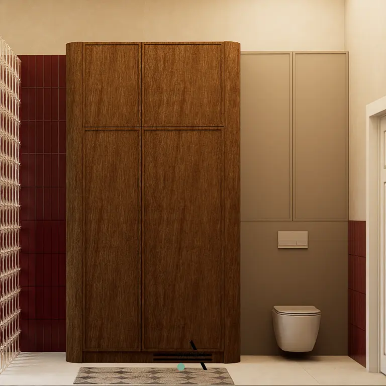 Wnętrze łazienki w stylu art deco z brązową szafą i minimalistycznymi detalami.