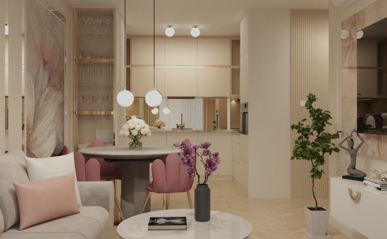 Wnętrze salonu w stylu glamour z nowoczesnymi meblami, okrągłym stołem i roślinami