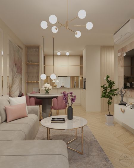 Wnętrze salonu w stylu glamour z nowoczesnymi meblami, okrągłym stołem i roślinami
