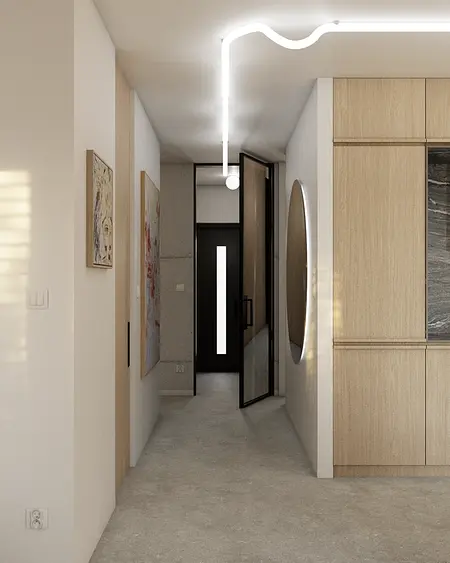 Przedpokój w stylu eklektycznym z minimalistycznymi akcentami, skandynawskim oświetleniem.