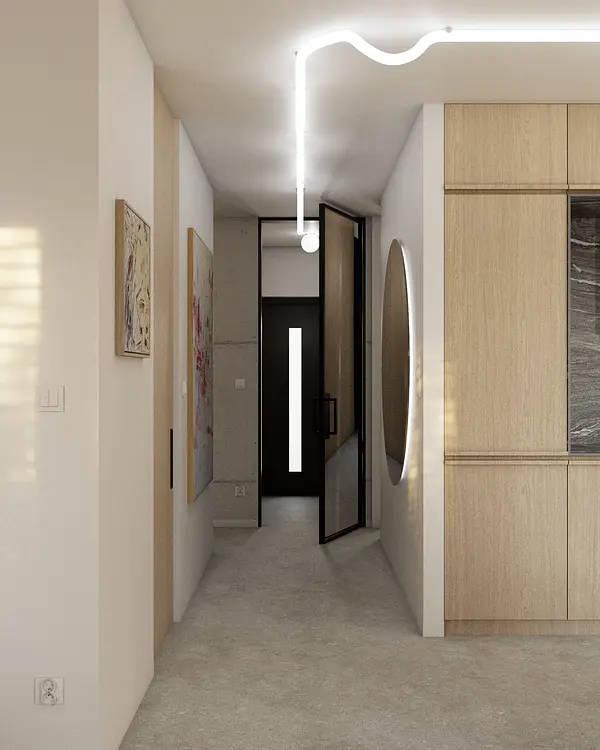 Przedpokój w stylu eklektycznym z minimalistycznymi akcentami, skandynawskim oświetleniem.