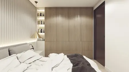 Sypialnia z minimalistycznymi elementami, nowoczesne meble, współczesny design.
