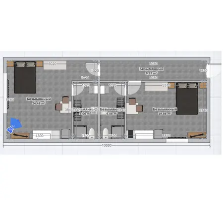 Plan minimalistycznego mieszkania z różnymi pomieszczeniami i wymiarami.