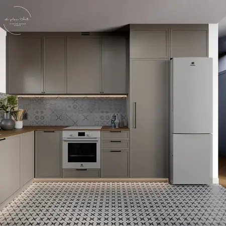 Kuchnia minimalistyczna z szarymi meblami i białą lodówką