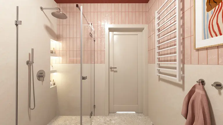 Wnętrze łazienki z różowymi płytkami, prysznicem i białymi akcentami, styl art deco, dopamine decor, nowoczesny.