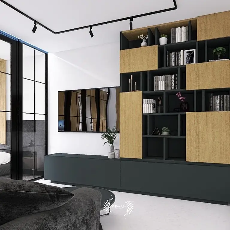 Stylowe wnętrze z zieloną szafką, drewnianymi półkami, industrialnym i nowoczesnym designem.