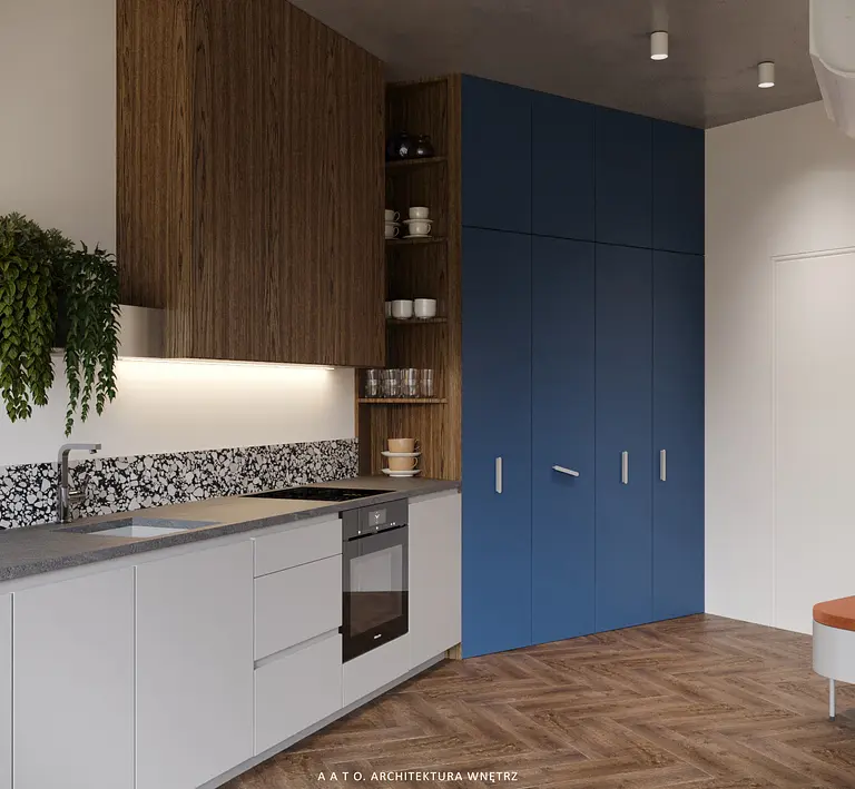 Kuchnia w stylu eklektycznym z drewnianymi i niebieskimi meblami, industrialnymi detalami.