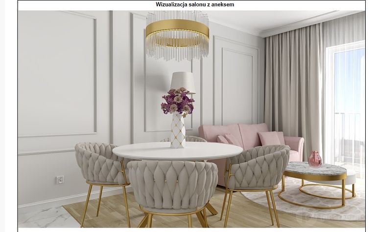 Stylowy salon glamour z różowymi meblami i eleganckim oświetleniem.