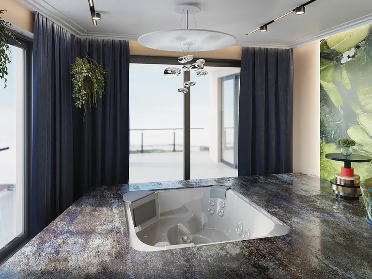 Nowoczesne wnętrze z jacuzzi, zasłonami i widokiem na balkon.