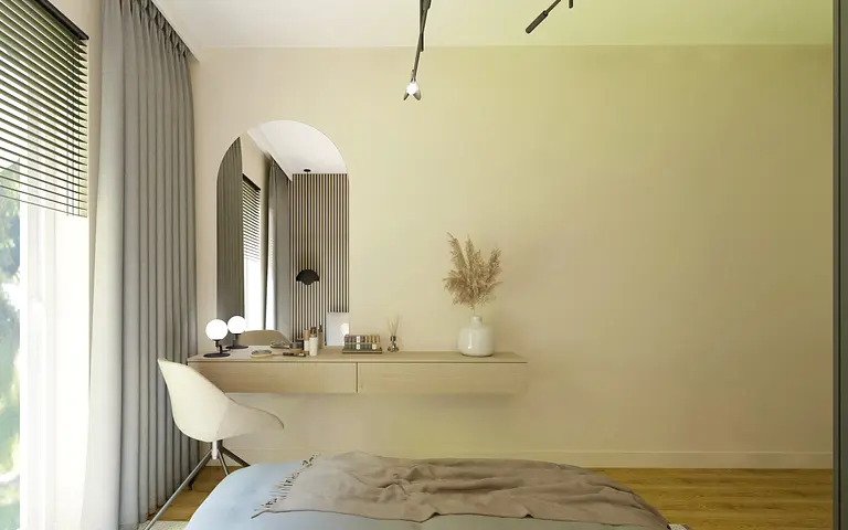 Minimalistyczne wnętrze z biurkiem, zasłonami i roślinnością w stylu boho, japandi, soft minimalizm.