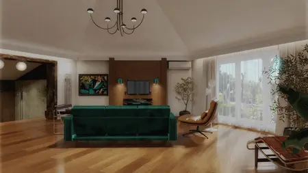 Wnętrze salonu w stylu art deco z zieloną sofą i roślinami.